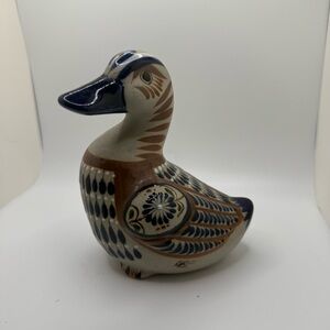 Vintage Tonala Style Pottery Duck Figurine Hand Painted Folk Art Mexico